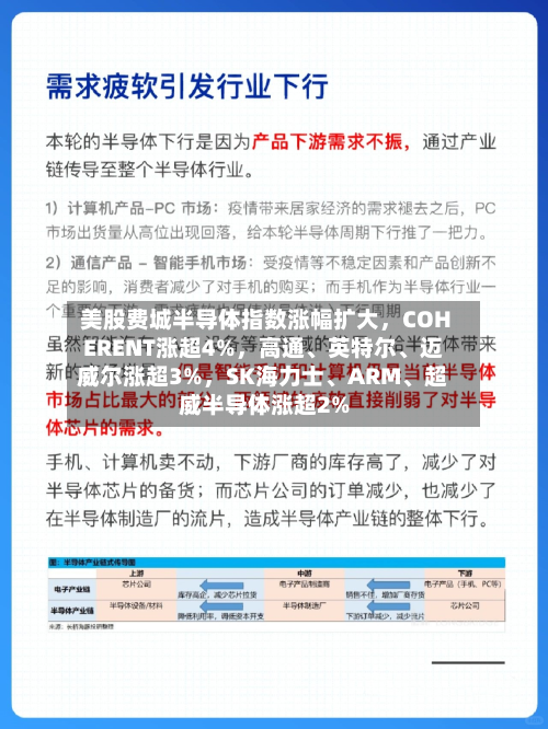 美股费城半导体指数涨幅扩大	，COHERENT涨超4%，高通	、英特尔、迈威尔涨超3%，SK海力士、ARM	、超威半导体涨超2%-第1张图片